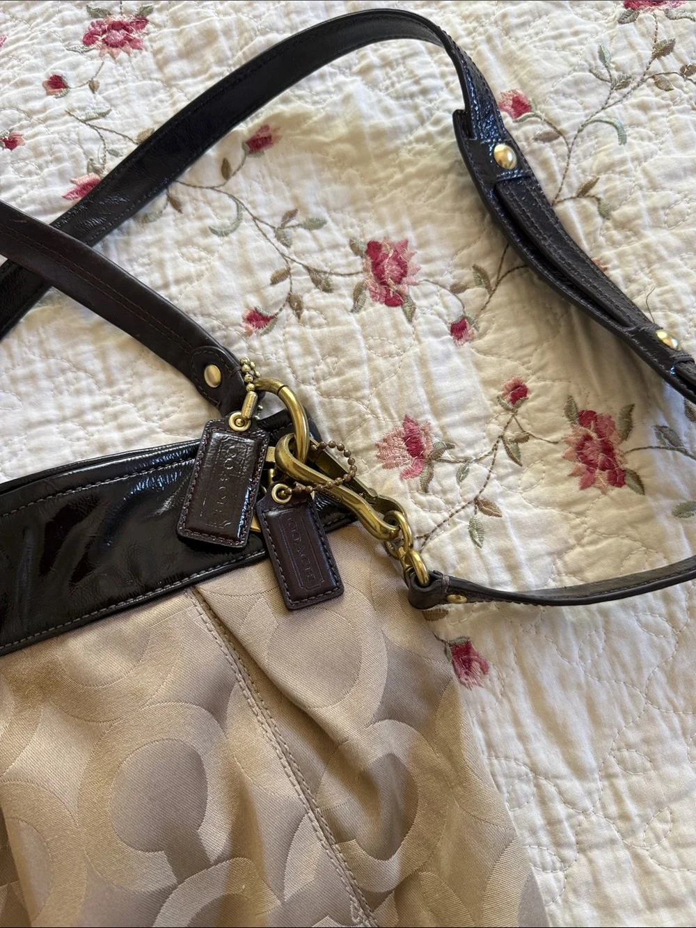 Coach Beige Signature Canvas Shoulder Bag with Black Patent Trim